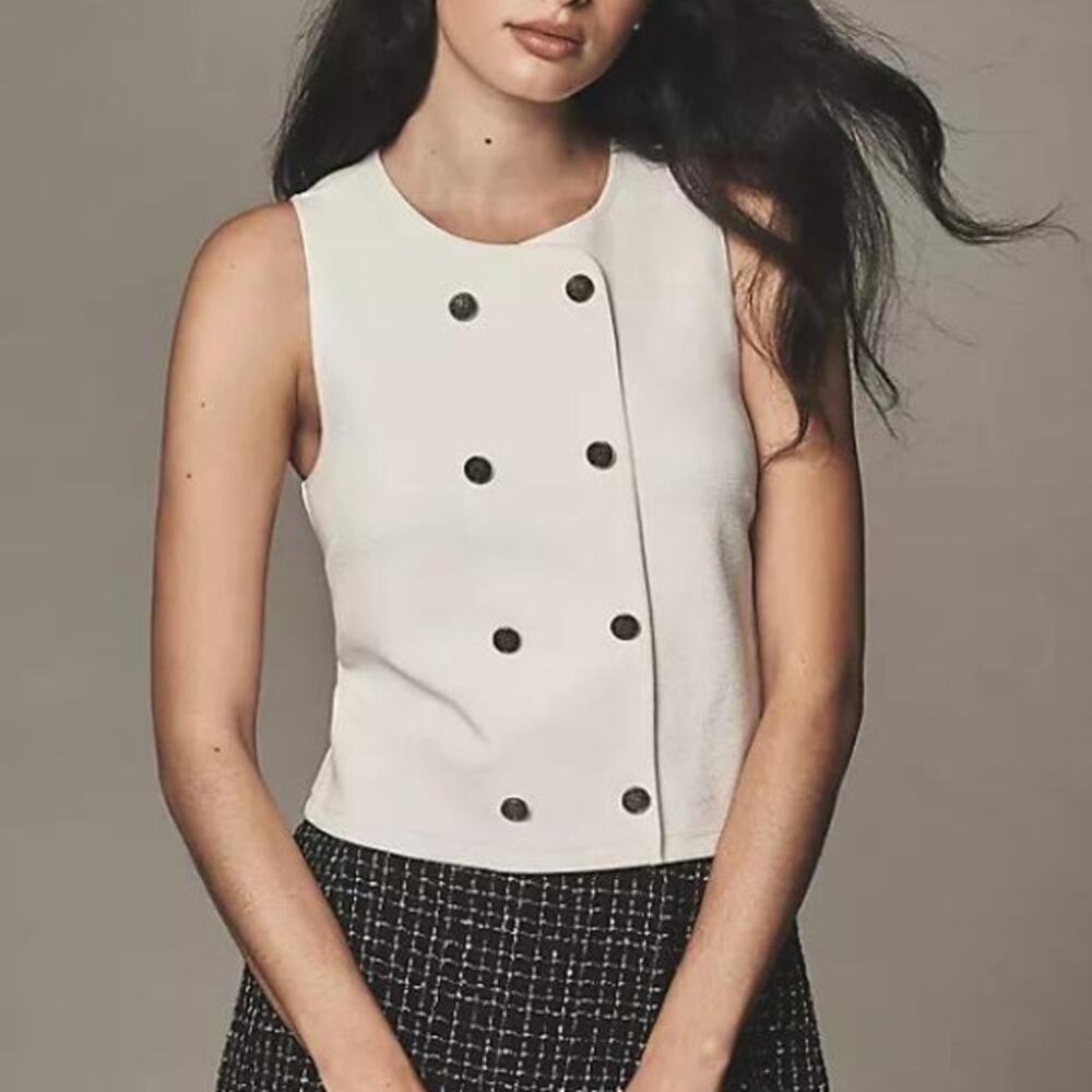 DOLAN Ribbed Vest White Double Breasted Waist Length High Neck Women's L